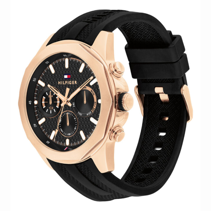 TOMMY HILFIGER LARS ROSE-GOLD PLATED BLACK SILICONE STRAP WATCH 